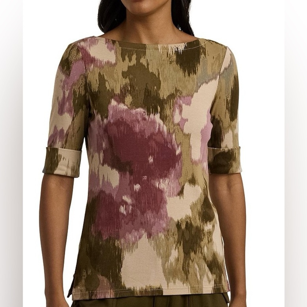 NWT Lauren Ralph Lauren Ikat Floral Boat Neck Elbow Sleeve Tee Olive XS
